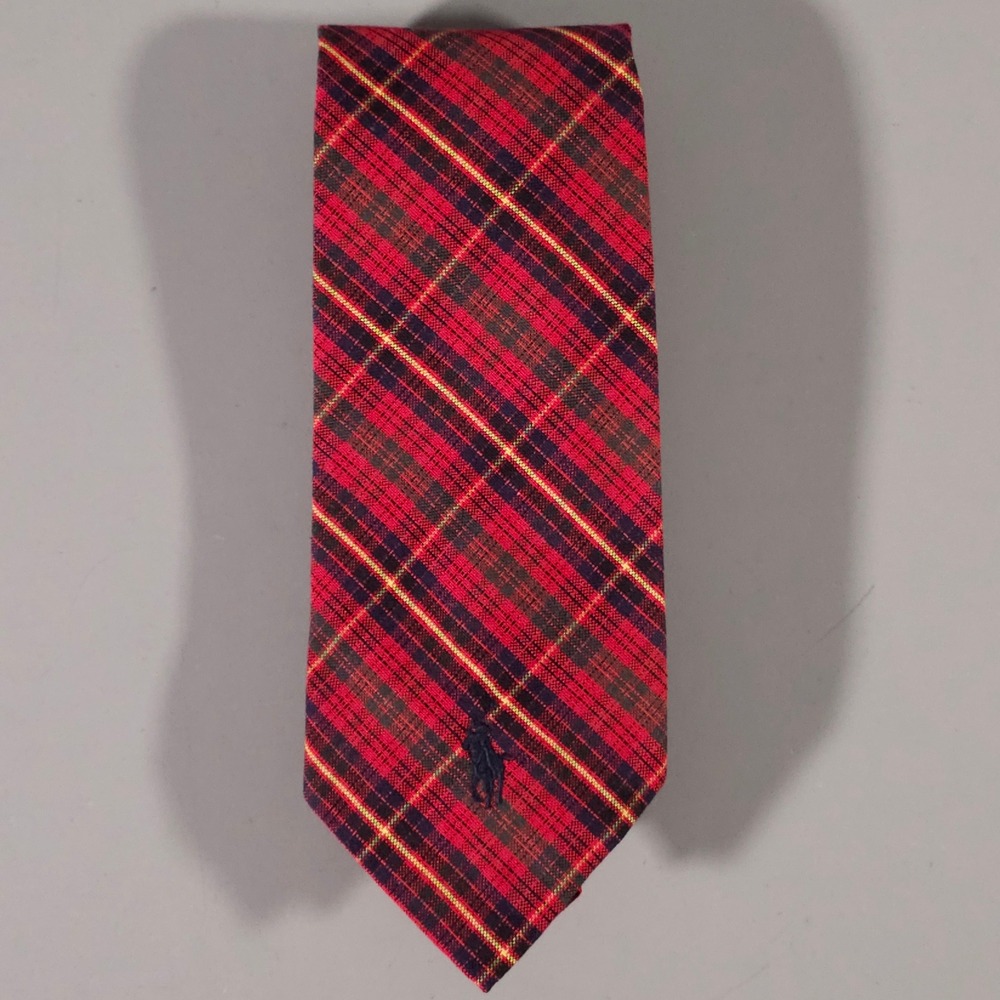 Polo Ralph Lauren Necktie Mens OS Red Plaid Cotton Hand Made USA Pony Logo